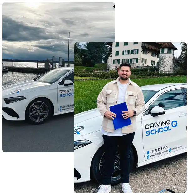 Fahrlehrer von Driving School Q mit Fahrschülerin im Automatik-Auto in Zug